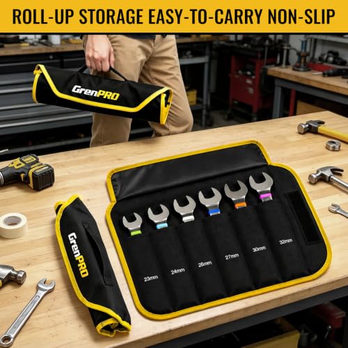 GRENPRO 23-32MM Large Metric Wrench Set, Combination Open End Wrench Sets | Color Rings, Roll Up Pouch, CRV Steel, Nickel Rust-Proof Coating, Free Gauge for Quick Size Matching - style: Metric Nickel Wrench Set Large