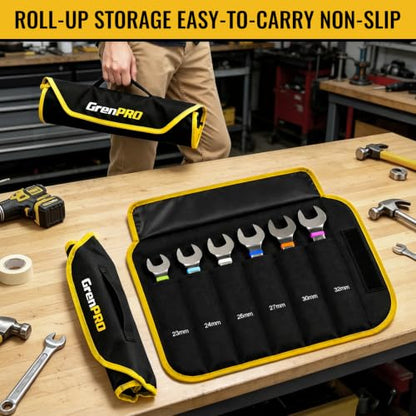 GRENPRO 23-32MM Large Metric Wrench Set, Combination Open End Wrench Sets | Color Rings, Roll Up Pouch, CRV Steel, Nickel Rust-Proof Coating, Free Gauge for Quick Size Matching - style: Metric Nickel Wrench Set Large