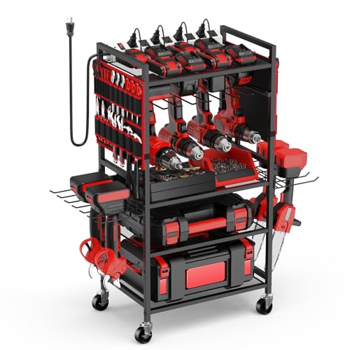 JUNNUJ Garage Large Power Tool Organizer Cart with 20A Charing Station, Heavy Duty Drill and Tools Battery Holder Storage Rack, Floor Standing Rolling Tool Cart on Wheels, Red
