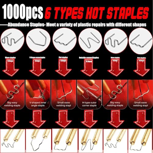 Plastic Welder,2 in 1 Plastic Welding Repair Kit with 1000pcs Hot Staples,4pcs Plastics Welding Rods,knife,Plier, Hot Staples Weld Gun Repair Kit for Car Bumper And Most Plastics(Red) - color: Red, size: 150w
