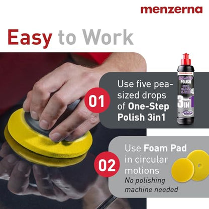 menzerna All-in-One polishing Kit I Car polishing Set with Menzerna One-Step Polish 3in1 (8oz) and 3.5 Inch Polishing Pad I Moderate Scratch Remover, high Gloss and Wax Kit for All Types of Vehicles - style: 8oz. + Pad