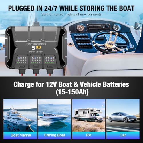 3 Bank Marine Battery Charger 5X3, 15A (5A/Bank) - 15A Onboard Charger, 12V Waterproof Boat Battery Charger, Battery Maintainer for SLA/AGM, Lithium, Calcium - Charged 24/7