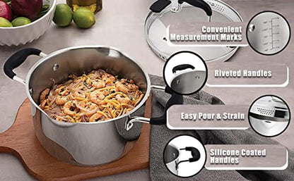 Rorence Stainless Steel Stock Pot with Pour Spout & Silicone Handles & Glass Lid with Strainer - 3.7 Quart - size: 3.7 quart