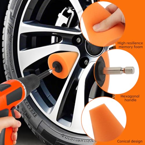 Polishing Cone and Drill Brush Set, 2 Sponge Buffing + 1 Polishing Brush + 2 Extension Pole (8cm+12cm) for Automotive Car Wheel Hub Care, Attaches to Standard Household Drill(COLOR:Multicolor)