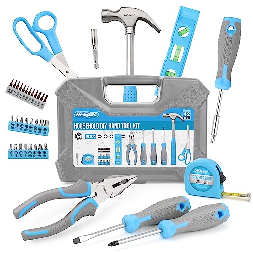 Hi-Spec Household Starter Tool Set with Carry Toolbox for Dorms, Blue | 38pc, socket and wrench coverage, roadside fixes, organized box, garage maintenance help, bike and vehicle tasks, quick setup - color: Blue