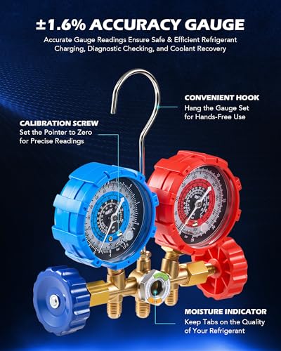 Orion Motor Tech AC Vacuum Pump and Gauge Set, 1/3 hp 4 cfm Vacuum Pump Manifold Gauge Kit with Leak Detector 3 Hoses & Accessories for R134a R12 R22 R502, A/C Vacuum Pump Kit for Auto HVAC Systems - size: 4.0 CFM & 3 Way