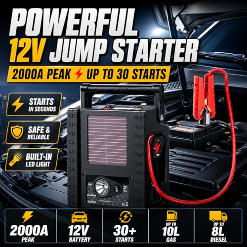 Jump Starter with Air Compressor, ZunDian 2000A Battery Booster for Cars, Trucks & SUVs, Up to 10.0L Gas & 8.0L Diesel, 260PSI Tire Inflator, Emergency Power Pack with AC/DC/USB