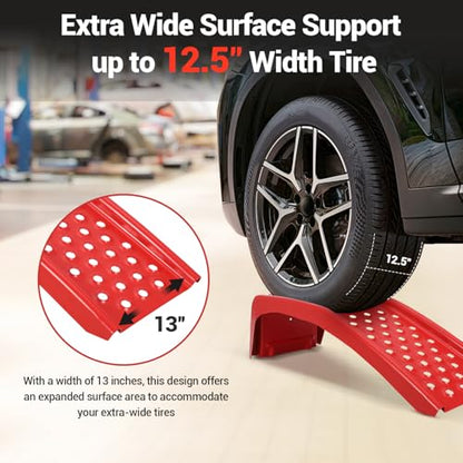 Set of 2 Heavy Duty Steel Car Ramps – Low Profile 8" Lift, 4000 lbs Capacity Each, Non-Slip Surface, Ideal for Oil Change & Vehicle Maintenance in Home Garage & Repair Shop – Red