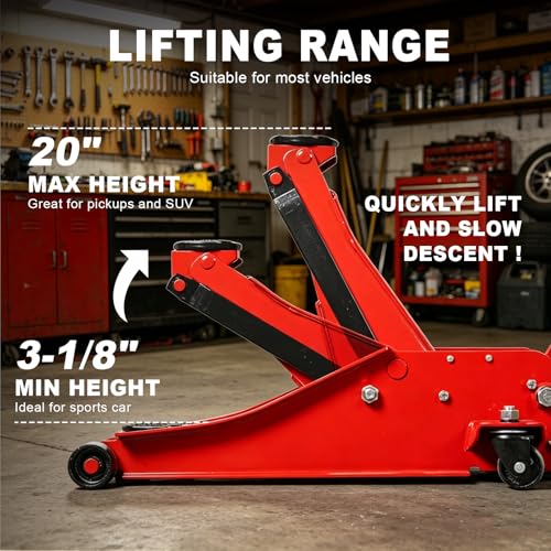 Jack Boss 3 Ton Floor Jack, 6600LBS Capacity Hydraulic Jack, Lifting Range 3-1/8" Min to 20" Max Car Jack, Low Profile Portable Jack with Dual Pumps, Quick Lift and Slow Descent Design Red