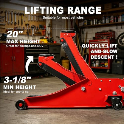 Jack Boss 3 Ton Floor Jack, 6600LBS Capacity Hydraulic Jack, Lifting Range 3-1/8" Min to 20" Max Car Jack, Low Profile Portable Jack with Dual Pumps, Quick Lift and Slow Descent Design Red