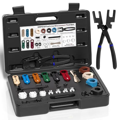 KJE 26PCS Master Quick Fuel Line Disconnect Tool Set, GM Fuel Line Disconnect Tool Kit with Fuel & A/C Disconnect Pliers, Transmission Line Removal Tool for Ford and More use, BLACK - size: 26PCS