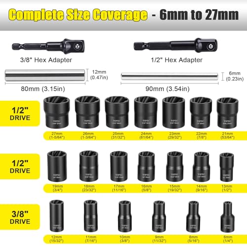 Topec Bolt Extractor Kit, 24PCS Stripped Bolt & Nut Extractor Socket Set with Adapter & Knock-Out Pin, 3/8” & 1/2” Drive Impact Wheel Lock Removal Kit for Damaged, Rusted, Rounded Nuts Bolts