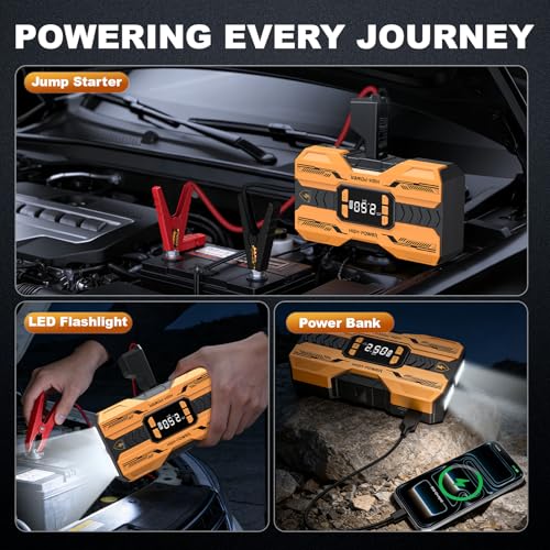 Nuynix Jump Starter with Air Compressor, 3000A Portable Car Battery Booster (Up to 9.0L Gas/7.0L Diesel) with 150PSI Auto-Shutoff Tire Inflator, 12V Lithium Jump Box, LED Display & Jumper Cables