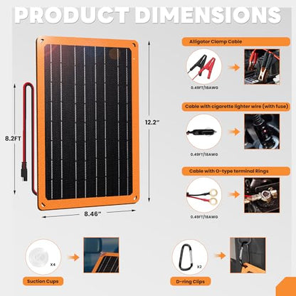 FieryRed 10W 12V Solar Panel Car Battery Charger & Maintainer, Waterproof Trickle Charger with Built-in Controller, Cig Plug, Alligator Clips, USB-C, USB-A Outputs for Car, Boat, RV, Tractor - size: 10W