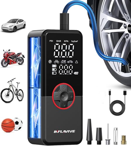 Tire Inflator Portable Air Compressor, 3X Fast Inflate Cordless Air Pump for Car Tires with LED Light, 150PSI Portable Electric Pump with Digital Pressure Gauge, for Bike Motorcycle Car Ball - color: Red
