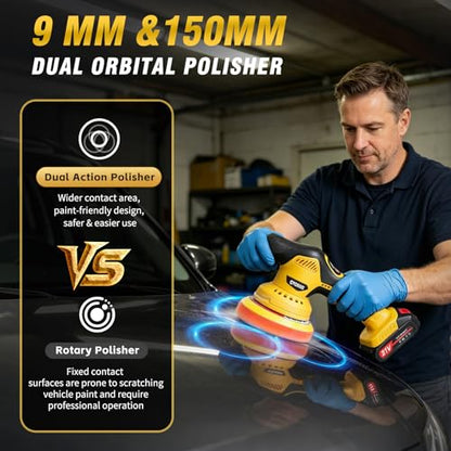 Cordless Car Buffer Polisher, 8-Speed 6000RPM Car Polisher with 2pcs 2.0Ah 21V Batteries, 6 In LED Display Car Buffers and Polishers Kit for Car Detailing, Waxing, Polishing & Scratch Removal