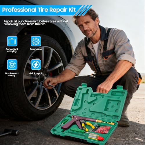 Tubeless Tire Gun Puncture Repair Kit with Mushroom Plug (Gun Puncture kit 16 Plugs, Red for Tyre Punctures and Flats on Cars, Motorcycles, ATV, Trucks & Tractors - color: red