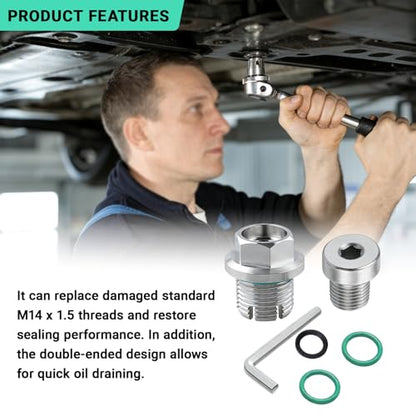 M14.1x1.5 Oversize Piggyback Oil Drain Plug, Stainless Steel Self-Tapping Oil Pan Thread Repair Kit with O-Ring and L-Wrench, Suitable for Most Vehicles