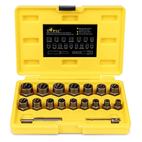 Topec Stripped Bolt Extractor Kit, 18-Piece Bolt Extractor Socket Set, 3/8" Drive Rounded Nut Remover Set for Broken, Rusted Fasteners - color: 18-piece