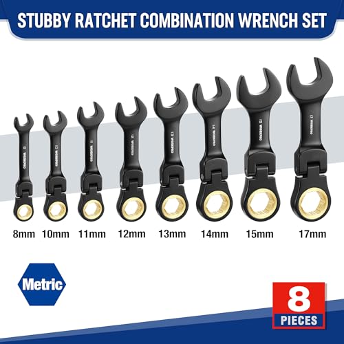 WORKPRO 8-Piece Stubby Anti-slip Ratcheting Combination Wrench Set, Metric 8-17 mm, 72-Teeth, CRV, Black Electrophoretic Coating, Flex-Head Wrench Set with Rolling Pouch - size: Metric, style: Black electroplating coating