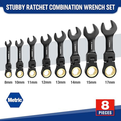 WORKPRO 8-Piece Stubby Anti-slip Ratcheting Combination Wrench Set, Metric 8-17 mm, 72-Teeth, CRV, Black Electrophoretic Coating, Flex-Head Wrench Set with Rolling Pouch - size: Metric, style: Black electroplating coating