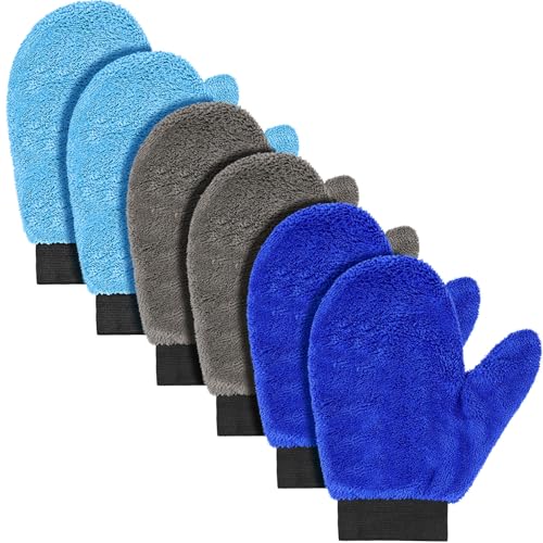 Teenyyou 6 Pcs Microfiber Dusting Mitt Car Wash Mitts Cleaning Glove with Thumb Reusable Terry Dusting Gloves with Elastic Wrist Cuff for Car Wheel Plants House Kitchen(Blue, Grey,8.85 x 7.08 Inch) - color: Blue, Grey, size: 8.85 x 7.08 Inch