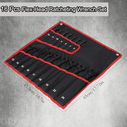 Flex-Head Ratcheting Combination Wrench Set, 16-Piece Metric Wrench Set 6-24mm | 72-Teeth | Cr-V Constructed | Fully Polished (Black) | with Organization Bag