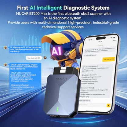 MUCAR AI-Assisted OBD2 Scanner Bluetooth Lifetime Update, BT200 MAX Compatible with ELM327, All System OBD2 Diagnostic Tool with 15 Resets for iOS & Android, CANFD Protocol, Autoauth for FCA SGW