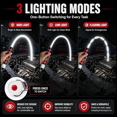 Plman 30" Flexible LED Flashlight Stick with Hook and Gloves | USB-C Charging, 3 Lighting Modes, Flexible LED Light Stick for Automotive Repair, Electrical Inspection, Camping