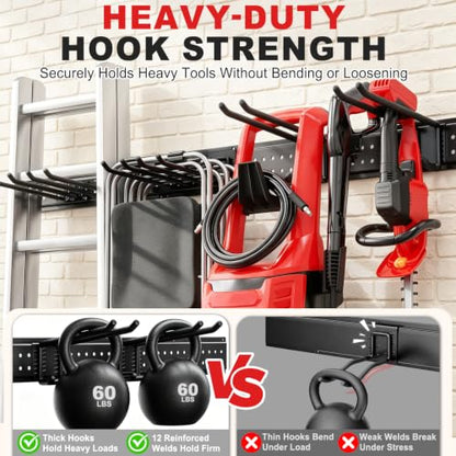 Garage Tool Organizer Wall Mount 49.5 inches with 10 Adjustable Heavy-Duty Hooks, Garage Organization, Garden Tool Storage Rack, Yard, and Shed, Holds Up to 400 lbs - size: 49.5" | 3 Panels + 10 Hooks