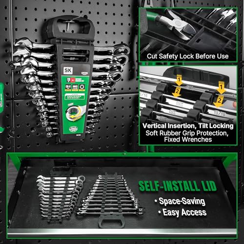 SK Ratcheting Wrench Set, Combination Wrench Set, 13-Piece, SAE 1/4" to 1", 72-Tooth, Premium CR-V Construction, with Rack Organizer - size: SAE