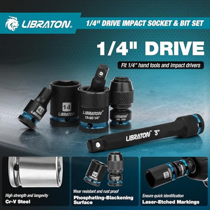 LIBRATON 71PCS 1/4 Impact Socket Set, Complete SAE & Metric Socket & Bit Set, Impact Ready Drive Socket Kit with 90-Tooth Ratchet & Spinner Handle for Drill & Impact Driver, Automotive Repair Tool Kit