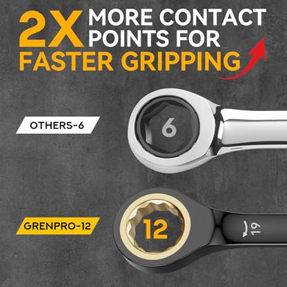 GRENPRO Ratcheting Wrench Set Metric And Standard, 9PC 8-19 mm 72Th Long Big Box Open End Ratchet Wrenches Organizer With Color Ring With Roll Up Pouch With 1 Gauge, Large Combination Wrench Tool Sets - style: 9PC Metric Ratchet Wrenches Set With Color Ri