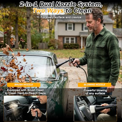 Car Detailing Air Cleaning Gun - Dry Blower Gun Works with Air Compressor | High Pressure Air Blaster with 2 Nozzles 3 Brushes 3 Connectors, Ergonomic Duster Tool for Car Interior Detailing Cleaning