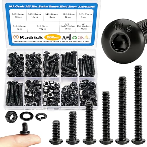 Kadrick M5 Screw Assortment, 280PCS M5 Screw Kit with Nuts Lock & Flat Washers, Grade 10.9 Alloy Steel Hex Socket Button Head Black Screws Nuts and Bolts Kit - size: M5 280Pcs 8-30mm