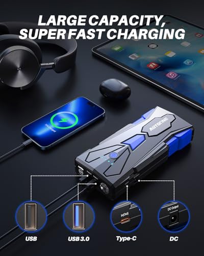 AUTOONE 6000A Car Battery Jump Starter Up to All Gas & 12L Diesel Engine, Car Battery Jumper Starter Portable 12V Jump Box with USB Output, Storage Case, LED Flashlight - size: 6000A