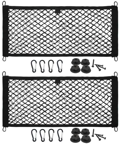 [2 Pack] JAVOedge Large Cargo Net for Car, SUV, Truck, RV, Boat – Elastic Storage Mesh Organizer with Built‑in Hooks, 8 Screws & 8 Carabiners – Heavy‑Duty Trunk Cargo Net & Vehicle Storage Bag - size: Large (21.9 Inches x 13.7 Inches)