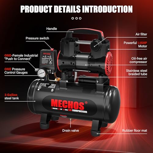 Portable Air Compressor with 3 Gallon Steel Tank, 1.15 HP 2.2 CFM @ 90 PSI, 116 Max PSI Oil-Free Air Compressor for Garage, Home Use, Tire Inflation, Nail Gun, DIY Projects,110V - style: 3Gallons