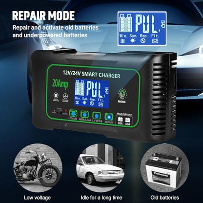20 Amp Smart Battery Charger, 12V/20A and 24V/10A Car Battery Charger, Trickle & Maintainer Pulse Repair for Lithium, Lifepo4, Lead-Acid (AGM/Gel/SLA), Boat, Motorcycle, Golf Cart, Tractors - color: 20A-green