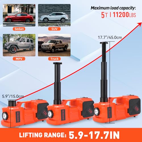 ROGTZ Electric Hydraulic Car Jack Kit with Impact Wrench and Tire Inflator Pump, 5 Ton 12V Hydraulic Jack for SUV Sedans Tire Change with LED Light - color: Orange+Wrench