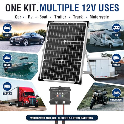 Voltset 30W Solar Battery Charger - 12V Solar Panel Kit with 10A Smart Charge Controller - IP67 Waterproof Solar Trickle Charger Maintainer - Adjustable Mount Bracket for RV Boat Car Motorcycle - size: 30W