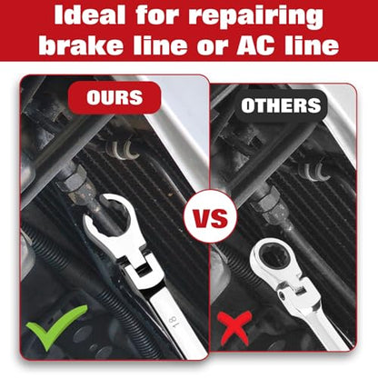 6-Piece Flex-Head Flare Nut Wrench Set Metric 9, 10, 11, 12, 13, 14, 15, 17, 18, 19, 21mm | 40 Cr Double Open End Brake Line Wrench for Automotive Brake, Fuel, AC Lines and Plumbing Repairs