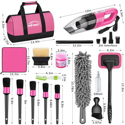 Car Cleaning Kit, Car Vacuum Interior Detailing Cleaner Kit with High Power Handheld Vacuum, Brush Set, Windshield Tool, Duster, Towels, Complete Car Care Tools for Women (Pink) - color: Pink