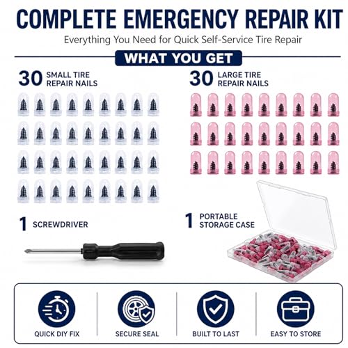 20 Pcs Tire Plug Kit, Screw in Repair Plugs with Screwdriver and Storage Case, Rubber Nail Set for Tubeless Punctures, Emergency Fix for Cars, Motorcycles, Trucks, Bikes (20)