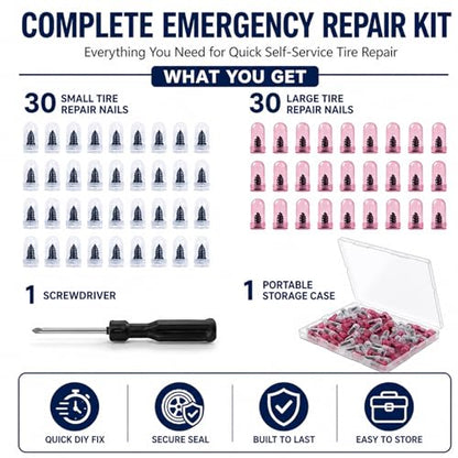 20 Pcs Tire Plug Kit, Screw in Repair Plugs with Screwdriver and Storage Case, Rubber Nail Set for Tubeless Punctures, Emergency Fix for Cars, Motorcycles, Trucks, Bikes (20)