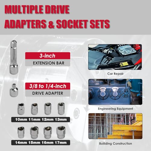 KITLUCK Cordless Electric Ratchet Wrench Set, 3/8" 12V Extended Power Ratchet Tool Kit, 41 Ft-Lbs Cordless Ratchet with 8 Sockets, 1/4" adapter, LED Light, 2-Pack 2000mAh Battery And Charger