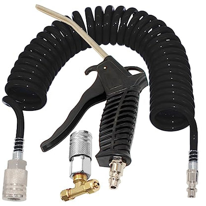 Air Blow Gun kit with 16ft Long 8mm OD Coil PU Air Hose Air Duster Blow Gun Kit (Black) - color: Black