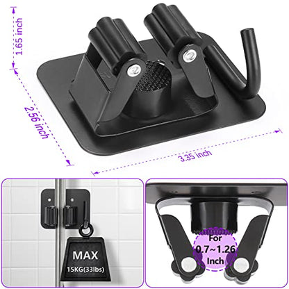 Stainless Steel Broom Holder, Heavy Duty, Rust Resistant, 4 Gripper Positions with 4 Hooks, Black | Drill-Mounted Gripper Rack Holds Brooms, Mops and Garden Tools Safely in the Laundry Room, Kitchen, Garage, Garden and Shed - color: Black
