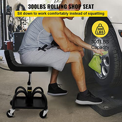 VEVOR Mobile Rolling Seat, 300LBS Capacity, 15.7" to 20.5" Adjustable Height, Mechanic Rolling Stool with Swivel Wheels and Tool Tray, for Workshop, Auto Repair Shop, Black