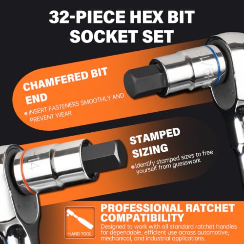 32-Piece Master HEX Bit Socket Set - size: 32 pieces 1/4" 3/8" 1/2"